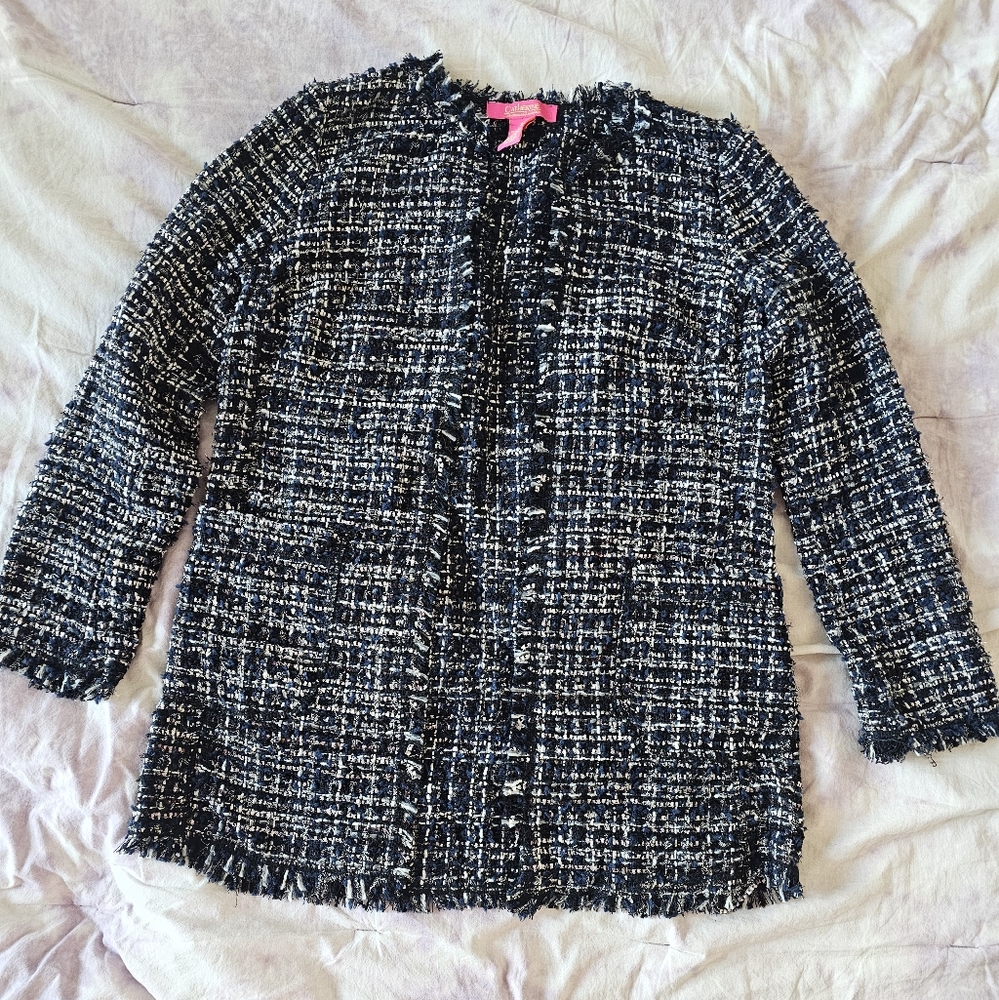 CATHERINE MALANDRINO Pleated blazer long blue cardigan 2 pockets NEW work office